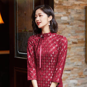 酒红色改良旗袍春装，新款女装中国风蕾丝中长款连衣裙OY-220322