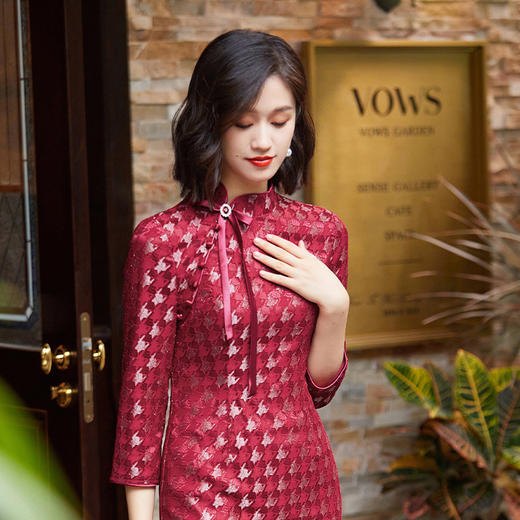 酒红色改良旗袍春装，新款女装中国风蕾丝中长款连衣裙OY-220322 商品图1