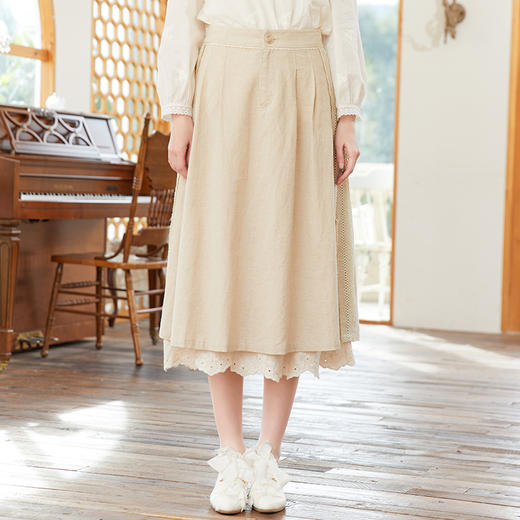 famecoco范可儿文艺棉麻半身裙女春季花边拼接宽松大摆裙FAB1HA014 商品图2