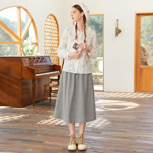 famecoco范可儿腰头设计感刺绣半身裙春季纯棉宽松a字裙FAB1HA002 商品图1