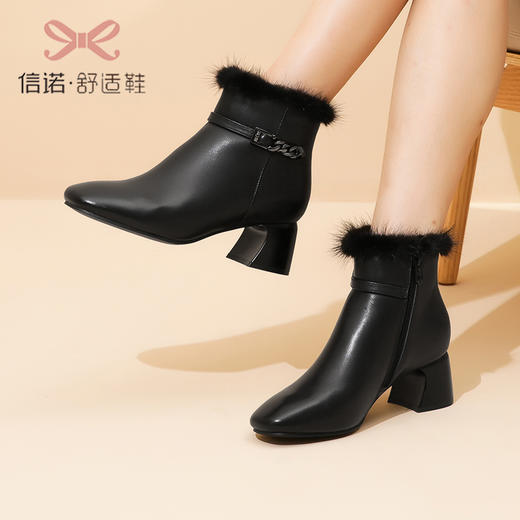 信诺真皮加绒白色短靴女2022新款冬季女士粗跟法式时装高跟棉皮鞋22M301-12 商品图3
