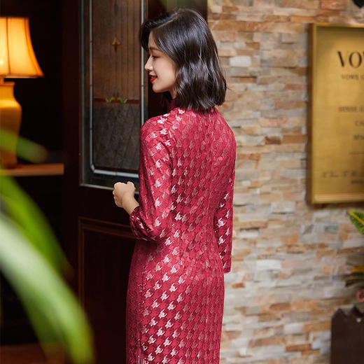 酒红色改良旗袍春装，新款女装中国风蕾丝中长款连衣裙OY-220322 商品图3