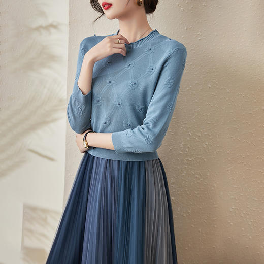 气质靛蓝！法式提花钉珠上衣+渐变压褶网纱裙两件套早春WLZD-2227412 商品图1