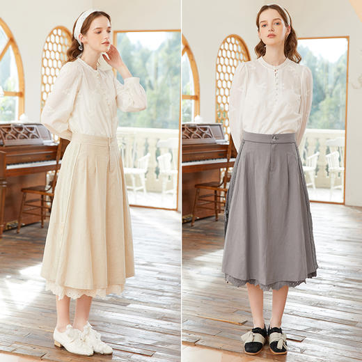 famecoco范可儿文艺棉麻半身裙女春季花边拼接宽松大摆裙FAB1HA014 商品图4