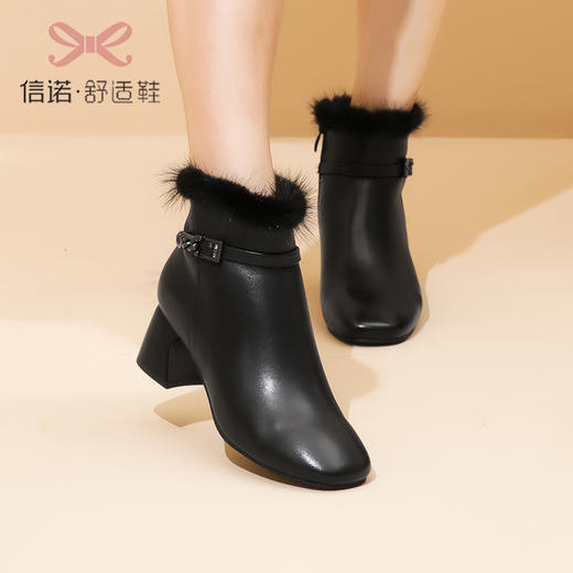信诺真皮加绒白色短靴女2022新款冬季女士粗跟法式时装高跟棉皮鞋22M301-12 商品图2