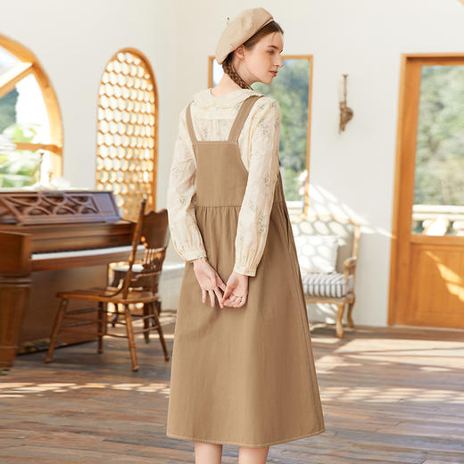 famecoco范可儿复古高腰背带裙春季刺绣棉麻大摆连衣裙女FAB1FE001 商品图2