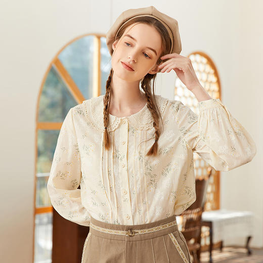 Famecoco范可儿减龄印花衬衫女春季蕾丝花边双层领上衣FAB1BA001 商品图4