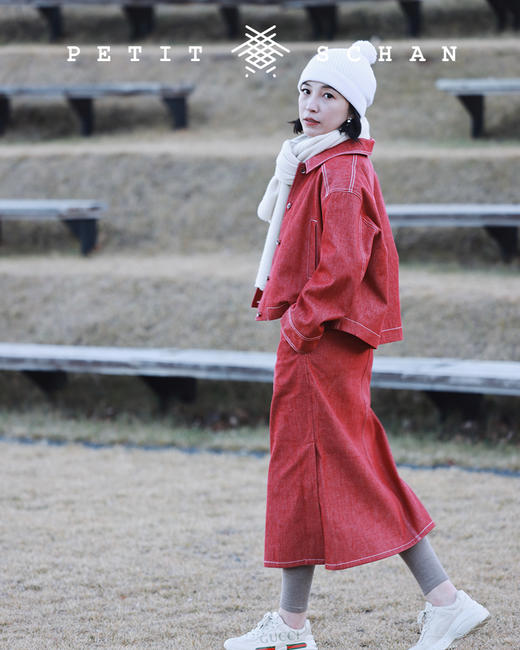 PETIT SCHAN小闪 CLO#180 rose 赤红色牛仔翻领外套/双开衩红色牛仔高腰半裙 商品图9