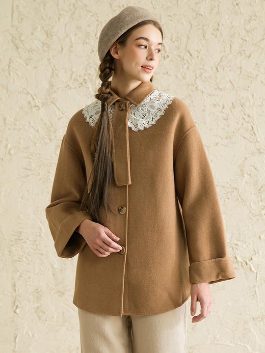 Famecoco范可儿气质百搭毛呢大衣冬季蕾丝花边娃娃领外套F198AC042 商品图0