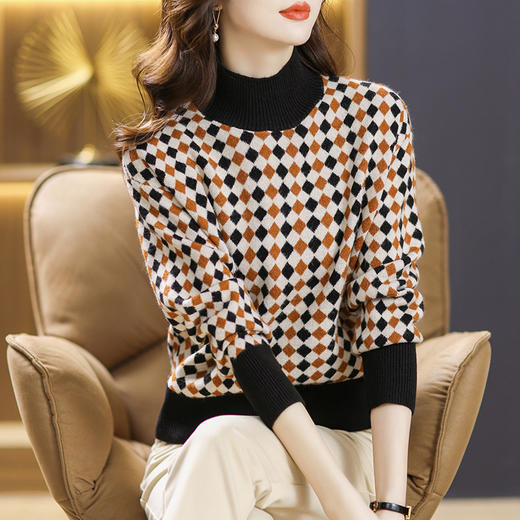 高领小个子女款毛衣女士厚款，新款洋气打底衫格子时尚秋冬季CC-17-8117 商品图1
