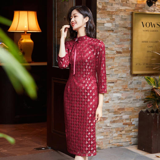 酒红色改良旗袍春装，新款女装中国风蕾丝中长款连衣裙OY-220322 商品图2