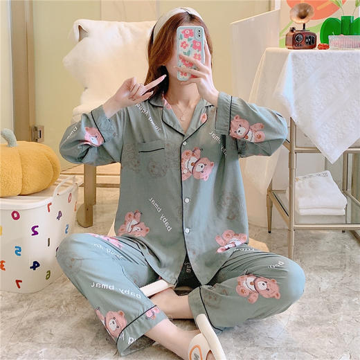 睡衣女春秋2023新款长袖开衫网红套装大码印花家居服  商品图1