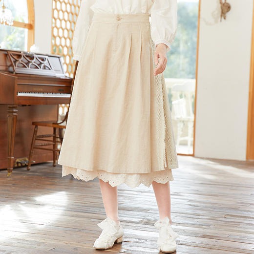 famecoco范可儿文艺棉麻半身裙女春季花边拼接宽松大摆裙FAB1HA014 商品图3