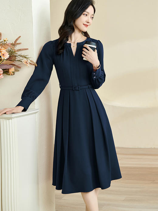 剩S 米思阳2026春季新款优雅小v领连衣裙气质纯色收腰大摆中长裙0197 商品图1