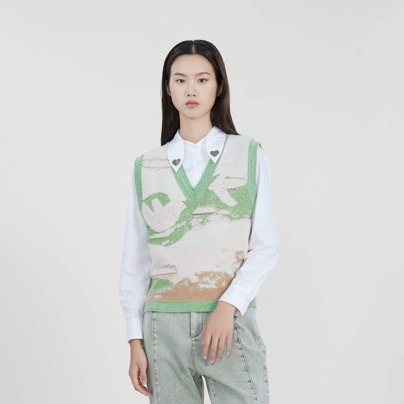 谜底V领套头针织衫马夹女2023春季新款复古花色百搭毛衫231MZ0321