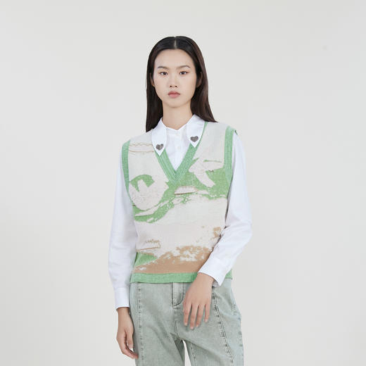 谜底V领套头针织衫马夹女2023春季新款复古花色百搭毛衫231MZ0321 商品图0