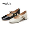westory2023春新款真皮链条装饰一字珍珠扣低跟粗跟单鞋55911 商品缩略图0