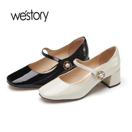 westory2023春新款真皮链条装饰一字珍珠扣低跟粗跟单鞋55911 商品图0