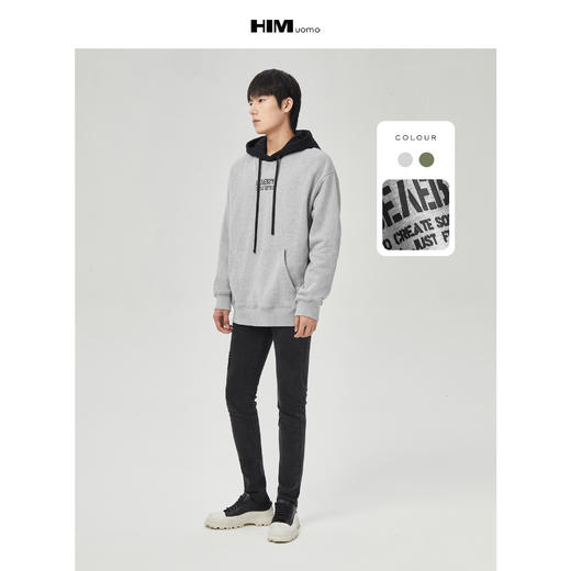 HIM漢崇 卫衣男21秋冬宽松慵懒风撞色连帽下摆字母小众设计感上衣 商品图1