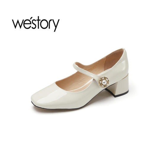westory2023春新款真皮链条装饰一字珍珠扣低跟粗跟单鞋55911 商品图4