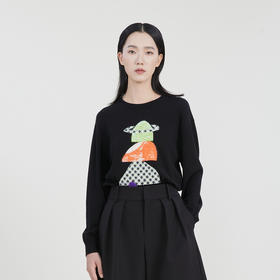 谜底套头针织衫女23春季新款复古可爱图案圆领合身毛衫231MZ0307