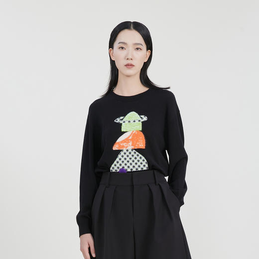 谜底套头针织衫女23春季新款复古可爱图案圆领合身毛衫231MZ0307 商品图0