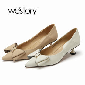 westory2023春季新款饰扣尖头浅口细猫跟单鞋女55781
