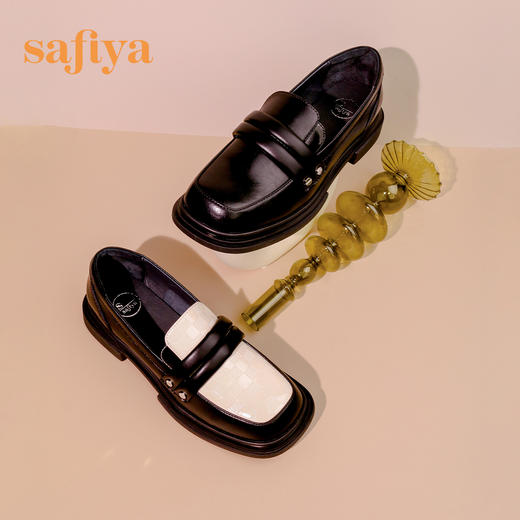 Safiya/索菲娅 新潮小众2023春季新款设计感方头粗跟拼色乐福鞋 SF31112037 商品图5