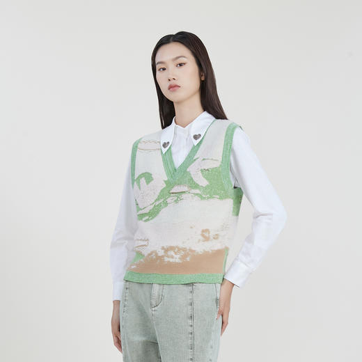 谜底V领套头针织衫马夹女2023春季新款复古花色百搭毛衫231MZ0321 商品图1