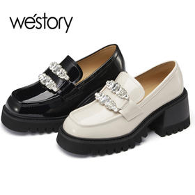 westory2023年春季新款jk英伦学院风真皮钻扣高级厚底乐福鞋55861