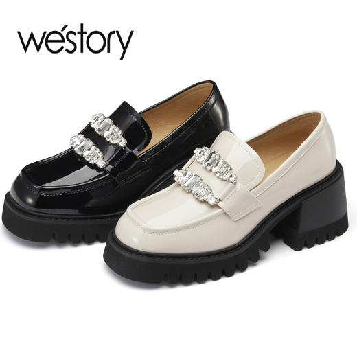 westory2023年春季新款jk英伦学院风真皮钻扣高级厚底乐福鞋55861 商品图0