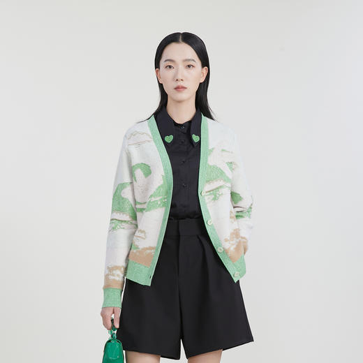 谜底针织开衫长袖女2023春季新款简约清新V领单排扣毛衫231MZ0308 商品图0