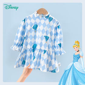 【商场同款】迪士尼童装女童连衣裙清新蓝春秋夏季舒适棉灰姑娘满印可爱裙子221DQ0111
