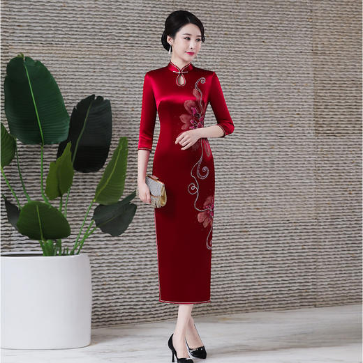 DNO-1AH8585礼服女酒会醋酸旗袍婚庆年会贵夫人红色连衣裙 商品图6