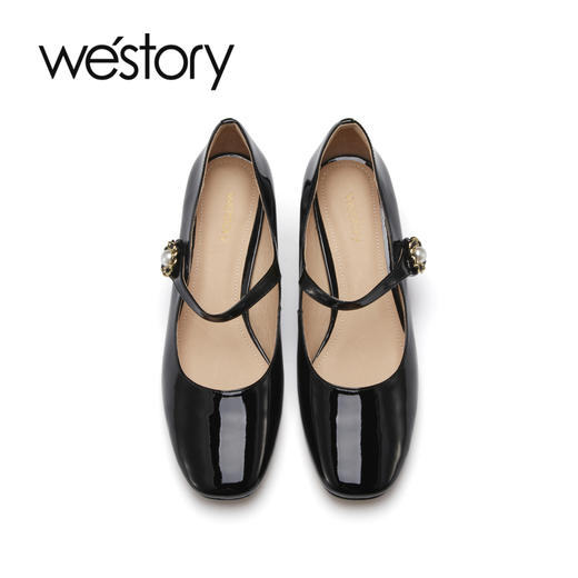 westory2023春新款真皮链条装饰一字珍珠扣低跟粗跟单鞋55911 商品图2