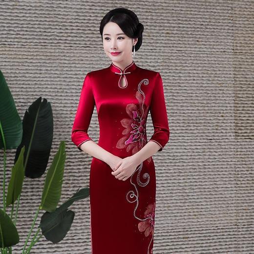DNO-1AH8585礼服女酒会醋酸旗袍婚庆年会贵夫人红色连衣裙 商品图1