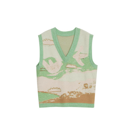 谜底V领套头针织衫马夹女2023春季新款复古花色百搭毛衫231MZ0321 商品图4