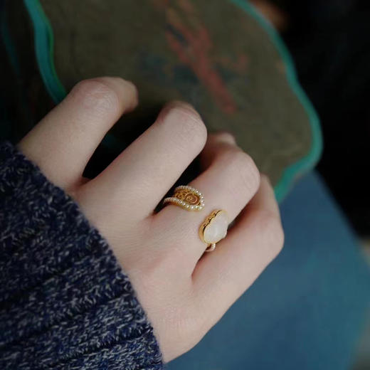 龢盒原创 如意绵长 宫廷珍珠镶白玉开口戒 戒指 商品图3