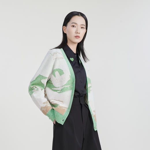 谜底针织开衫长袖女2023春季新款简约清新V领单排扣毛衫231MZ0308 商品图1