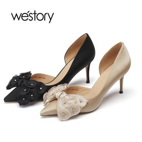 westory23年新款复古蝴蝶结细高跟尖头婚鞋伴娘鞋55791