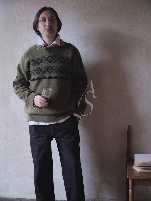 MargaretHowell  男士橄榄绿/黑色费尔岛纹羊羔毛毛衣 商品图2