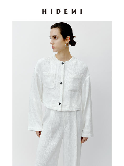 HIDEMI 极简褶皱垂顺感纽扣口袋外套/长裤套装  黑色/白色 商品图5