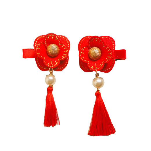 【新年流苏发夹】2023新年红色花朵流苏对夹宝宝过年夹子头饰国潮儿童汉服唐装发饰 商品图4