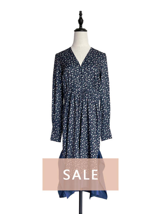 TYNVIE 拼接裙摆V领复古款长袖连衣裙-蓝碎花 商品图0