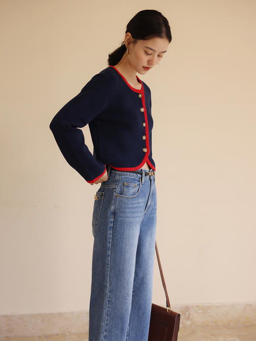 【世界音乐】HeyDress法式复古针织开衫女秋季圆领撞色设计感上衣短款长袖外套 商品图4