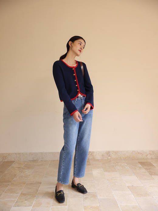 【世界音乐】HeyDress法式复古针织开衫女秋季圆领撞色设计感上衣短款长袖外套 商品图3