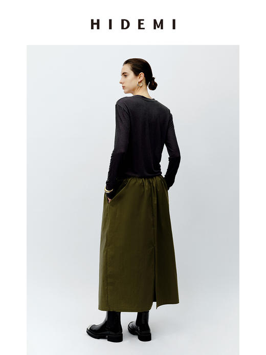 HIDEMI 抽绳系带休闲款水洗棉半身裙 黑色/军绿色 商品图6