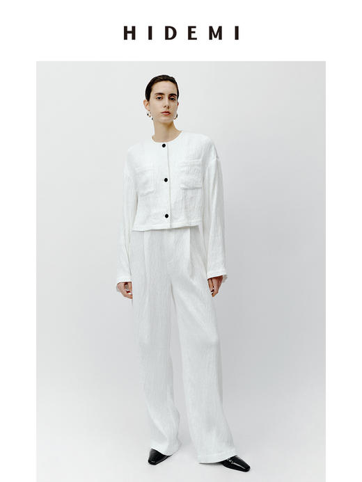 HIDEMI 极简褶皱垂顺感纽扣口袋外套/长裤套装  黑色/白色 商品图3
