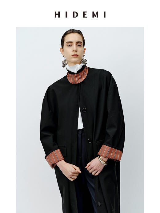 HIDEMI 廓形条纹翻边复古长款精纺羊毛风衣 商品图3