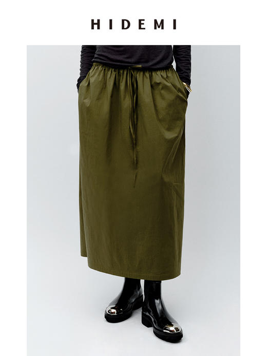 HIDEMI 抽绳系带休闲款水洗棉半身裙 黑色/军绿色 商品图8